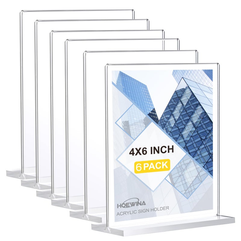 Hoewina Acrylic Sign Stands 4 x 6 Inch 6 Pack - Clear Display Sign Holders, Vertical Double-Sided Acrylic Frame, Flyer Paper Holder for Store, Vendor Booth & Home & Restaurants & Office - Image 1